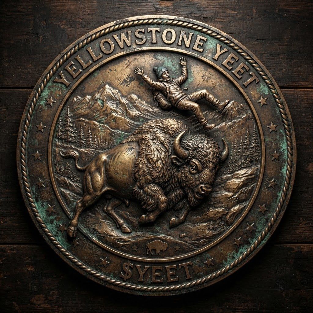 Bronze plaque of a Yellowstone bull bison yeeting a tourist 8 feet into the air
